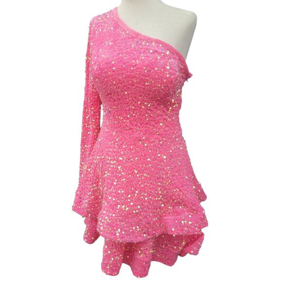 NWT Hot Pink Asymmetric One Long Sleeve Short Sequin Dress - Picture 1 of 8